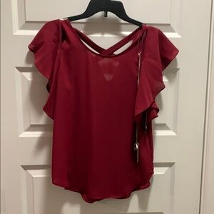 BCX Red Asymmetrical Flutter Sleeve Blouse